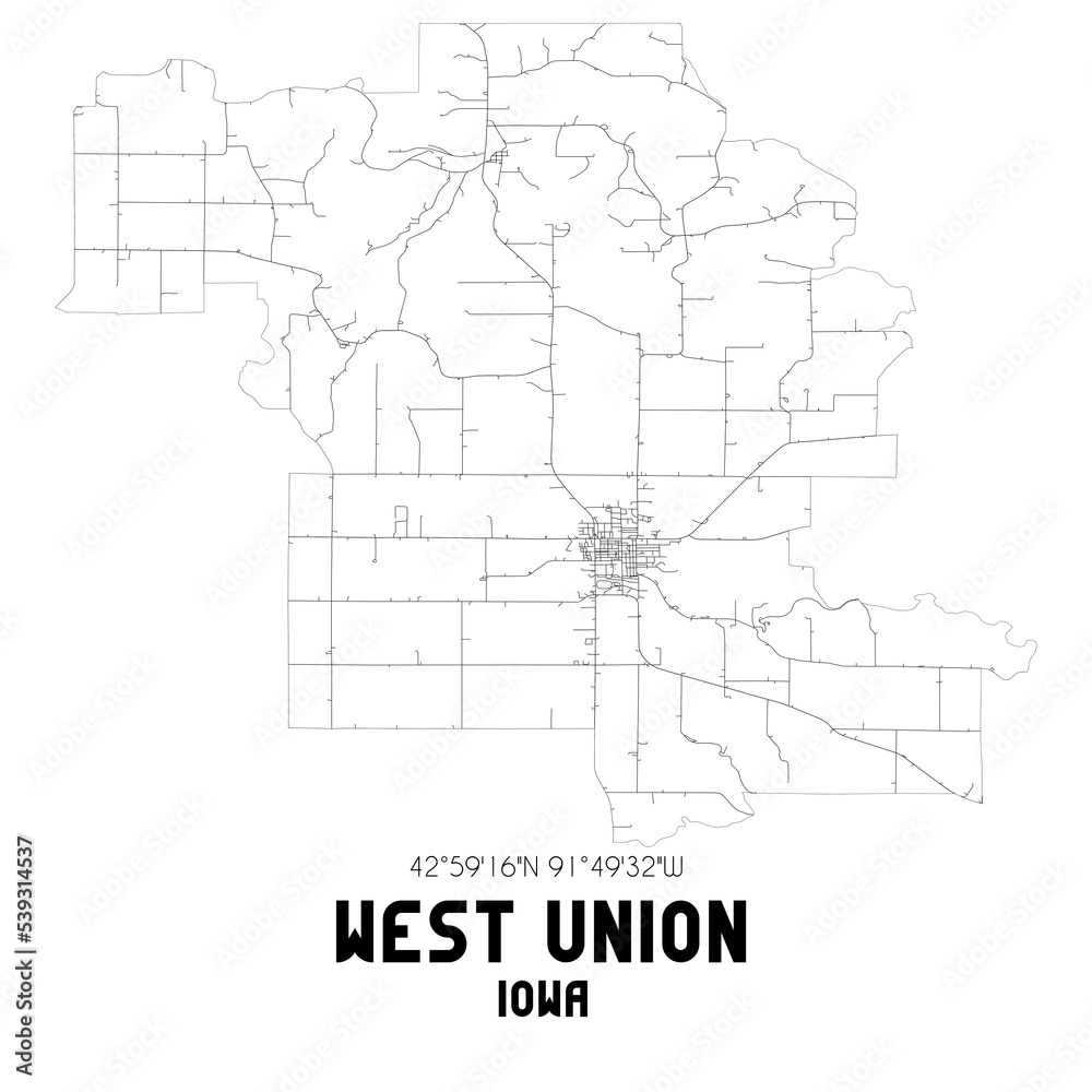 West Union Iowa. US street map with black and white lines.