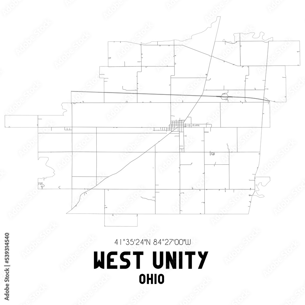 West Unity Ohio. US street map with black and white lines.