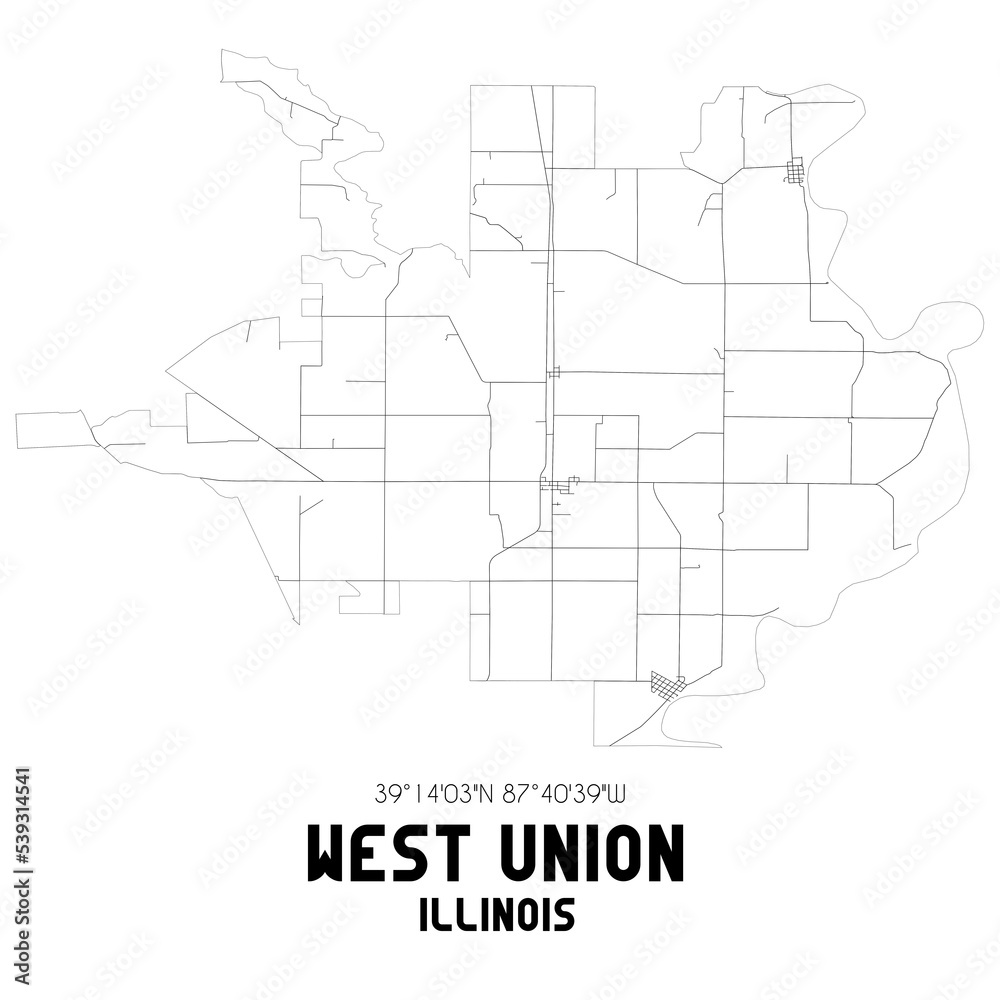 West Union Illinois. US street map with black and white lines.