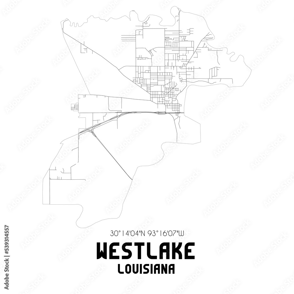 Westlake Louisiana. US street map with black and white lines.