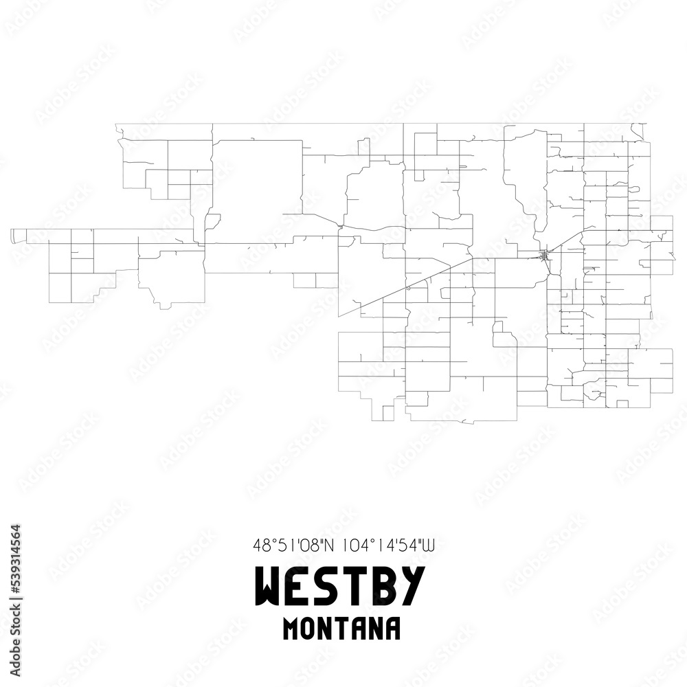 Westby Montana. US street map with black and white lines.