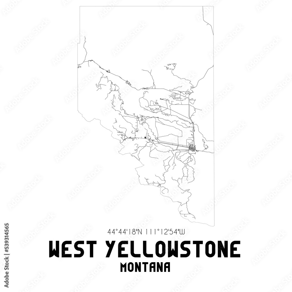 West Yellowstone Montana. US street map with black and white lines