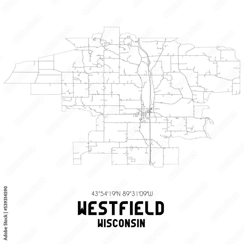 Westfield Wisconsin. US street map with black and white lines.