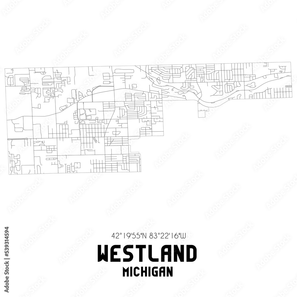Westland Michigan. US street map with black and white lines.