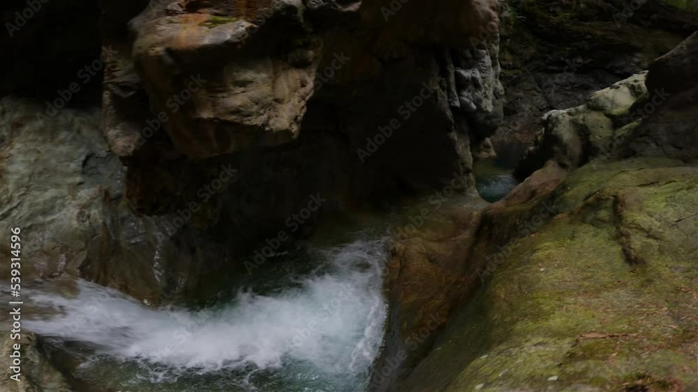 Fresh Water running down the water fall around rocks in Canadian Nature. Lynn Valley Canyons, North Vancouver, British Columbia, Canada. 4k Cinematic Slow Motion Fresh Water running down the water fall around rocks in Canadian Nature. Lynn Valley Canyons, North Vancouver, British Columbia, Canada. 4k Cinematic Slow Motion