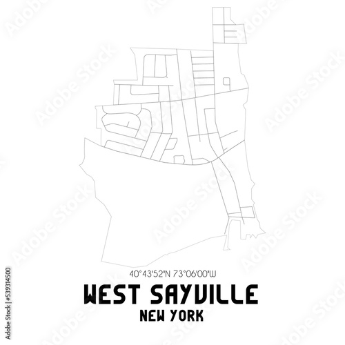 West Sayville New York. US street map with black and white lines.