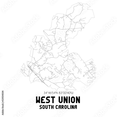 West Union South Carolina. US street map with black and white lines.