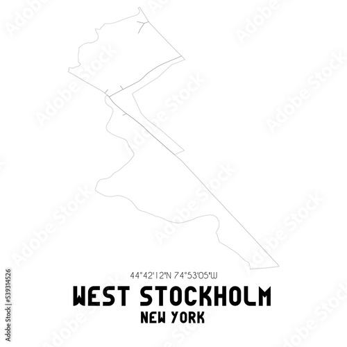 West Stockholm New York. US street map with black and white lines.