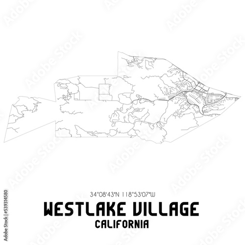 Westlake Village California. US street map with black and white lines.
