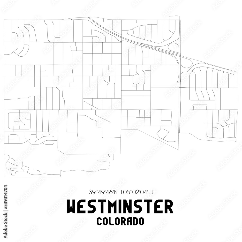 Westminster Colorado. US street map with black and white lines.