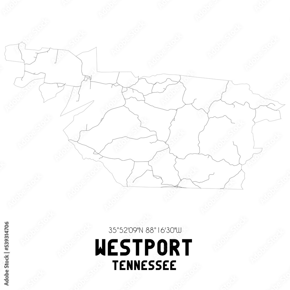 Westport Tennessee. US street map with black and white lines.