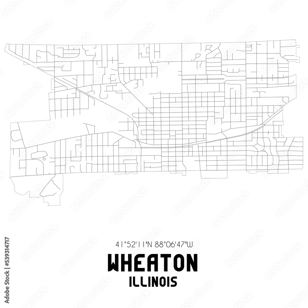 Wheaton Illinois. US street map with black and white lines.