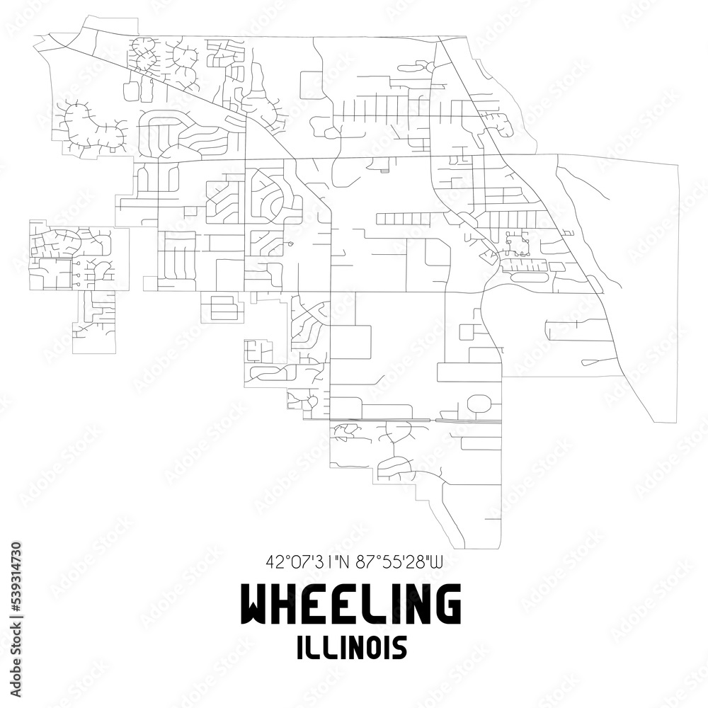 Wheeling Illinois. US street map with black and white lines.