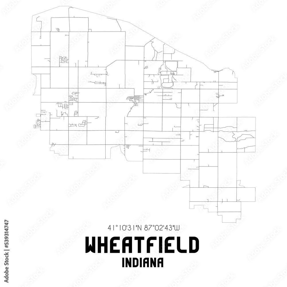 Wheatfield Indiana. US street map with black and white lines.