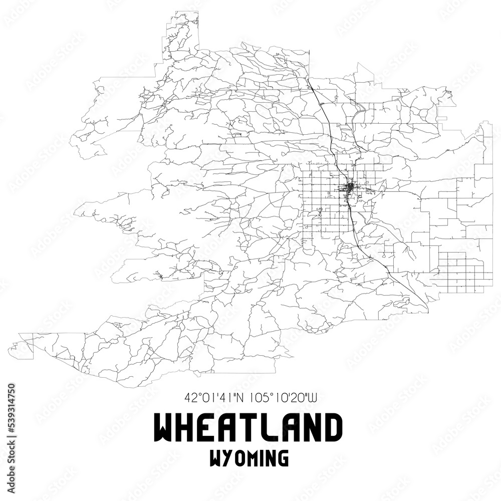 Wheatland Wyoming. US street map with black and white lines.