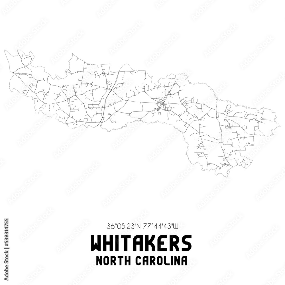 Whitakers North Carolina. US street map with black and white lines.