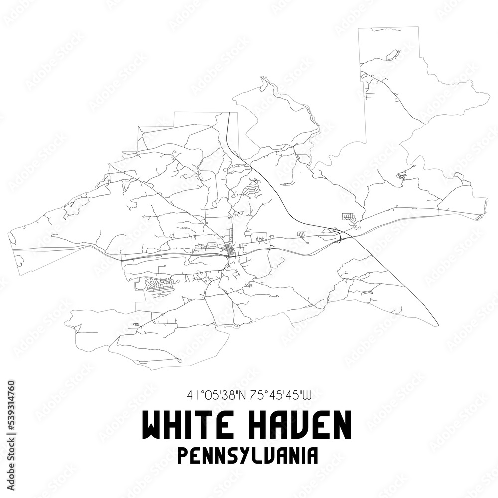 White Haven Pennsylvania. US street map with black and white lines.