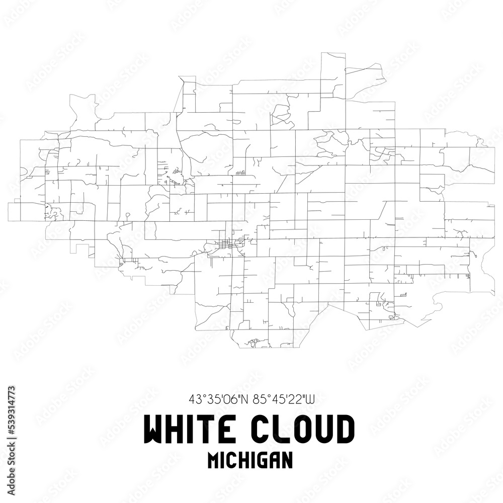 White Cloud Michigan. US street map with black and white lines.