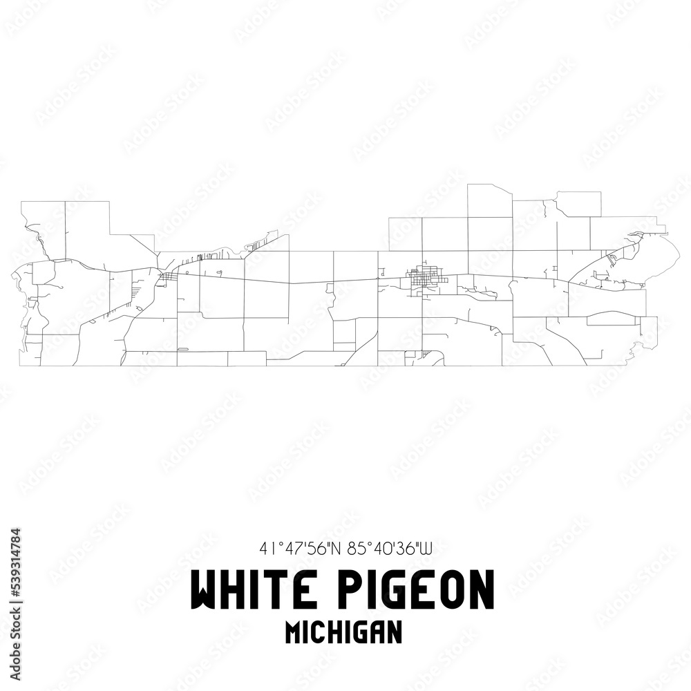 White Pigeon Michigan. US street map with black and white lines.