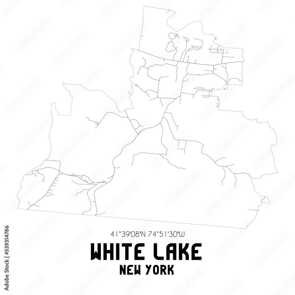 White Lake New York. US street map with black and white lines.