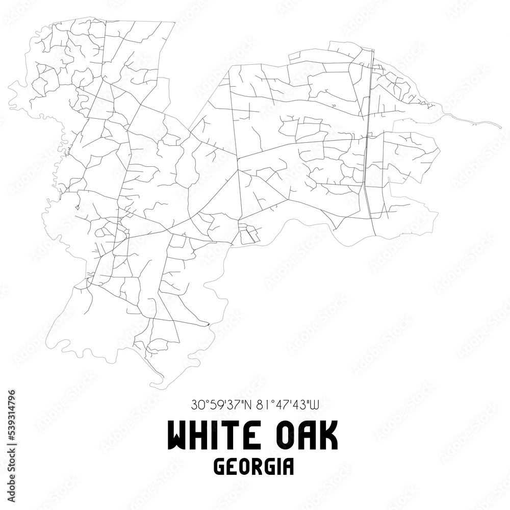 White Oak Georgia. US street map with black and white lines.