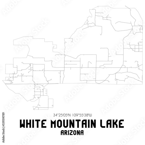 White Mountain Lake Arizona. US street map with black and white lines.