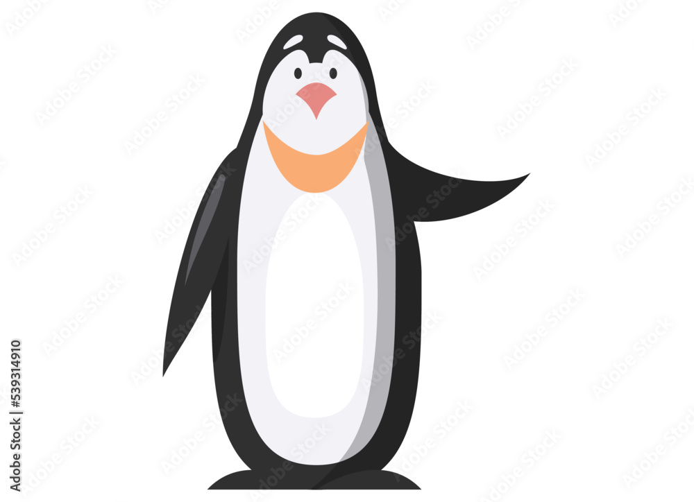 Fototapeta premium King penguin with long beak and short legs, swims and dives well eats fish. Large black and white marine bird. Animal living in antarctic. Swimming bird, marine animal isolated on white background