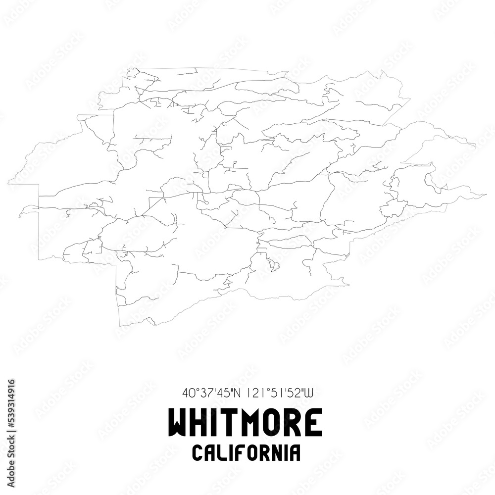 Whitmore California. US street map with black and white lines.