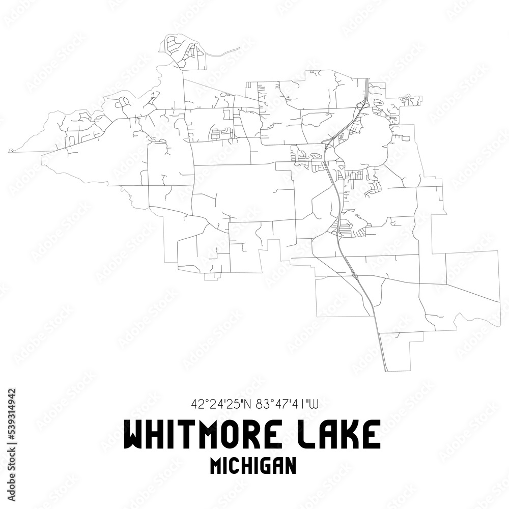 Whitmore Lake Michigan. US street map with black and white lines.