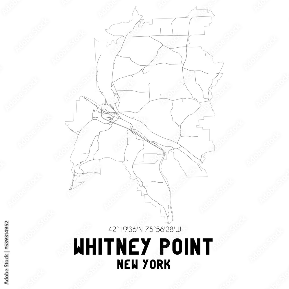 Whitney Point New York. US street map with black and white lines.