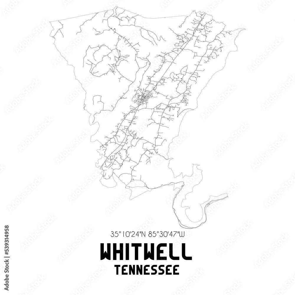 Whitwell Tennessee. US street map with black and white lines.