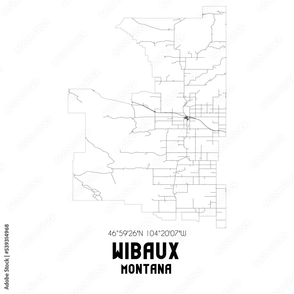 Wibaux Montana. US street map with black and white lines.