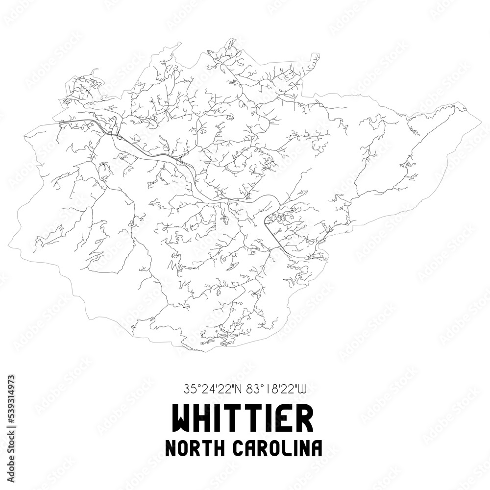 Whittier North Carolina. US street map with black and white lines.