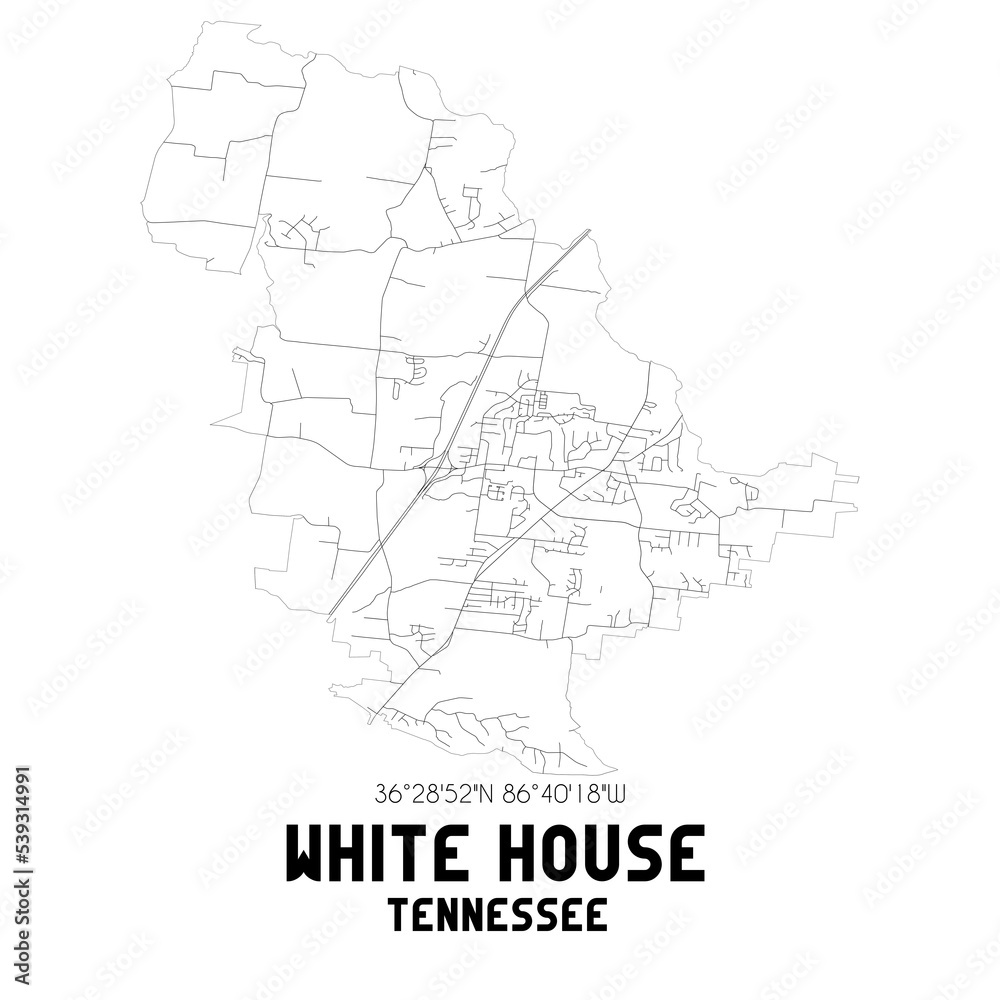 White House Tennessee. US street map with black and white lines.