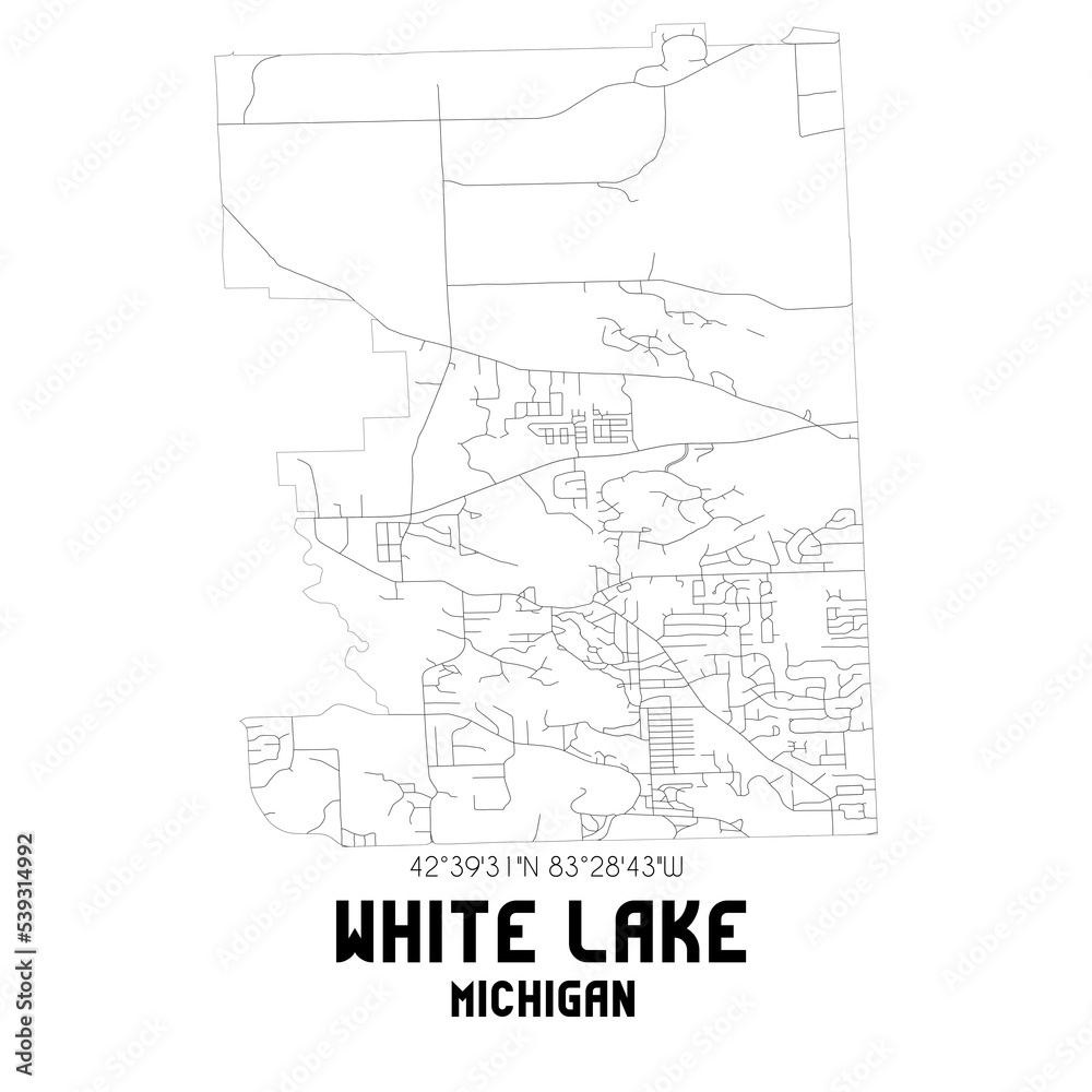 White Lake Michigan. US street map with black and white lines.