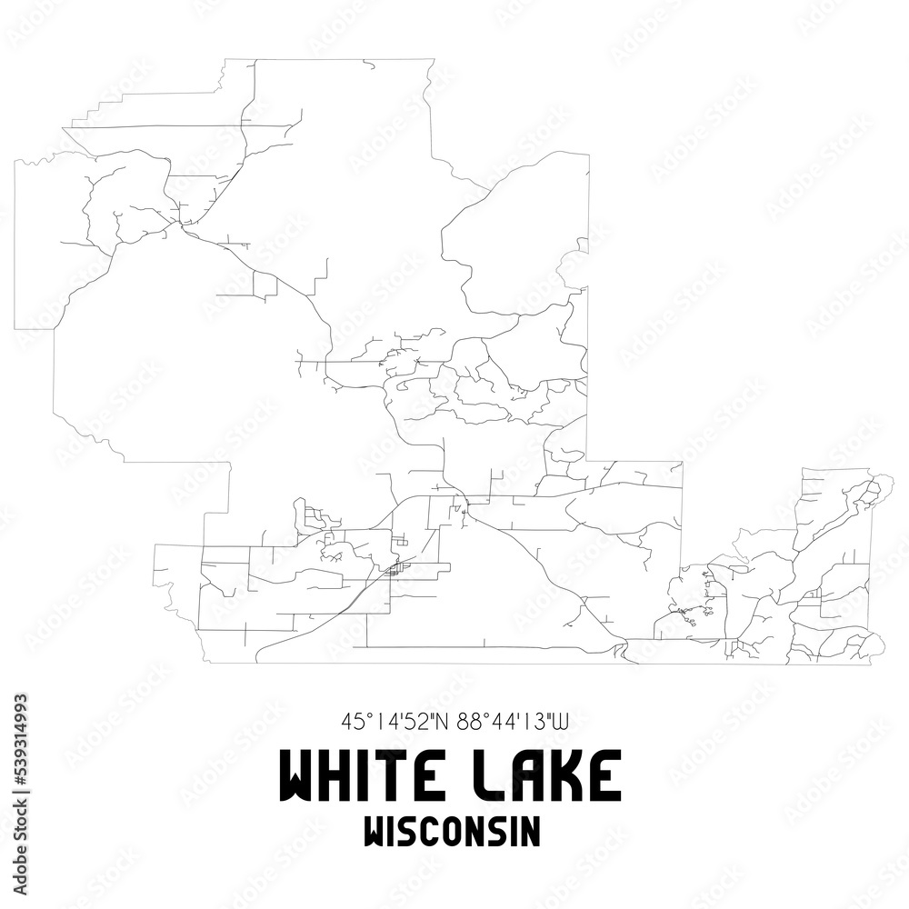 White Lake Wisconsin. US street map with black and white lines.