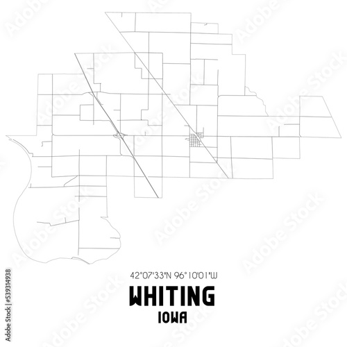 Whiting Iowa. US street map with black and white lines.