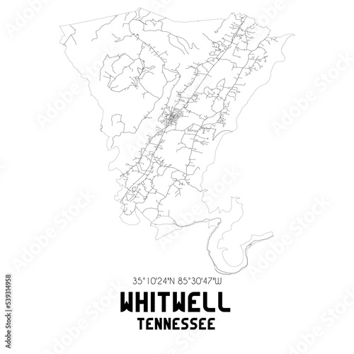 Whitwell Tennessee. US street map with black and white lines.
