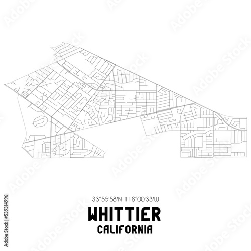 Whittier California. US street map with black and white lines. photo