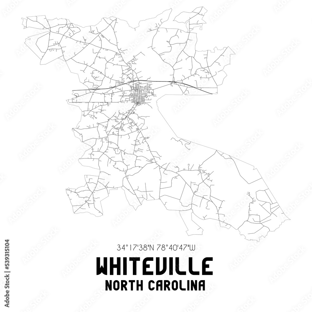 Whiteville North Carolina. US street map with black and white lines.
