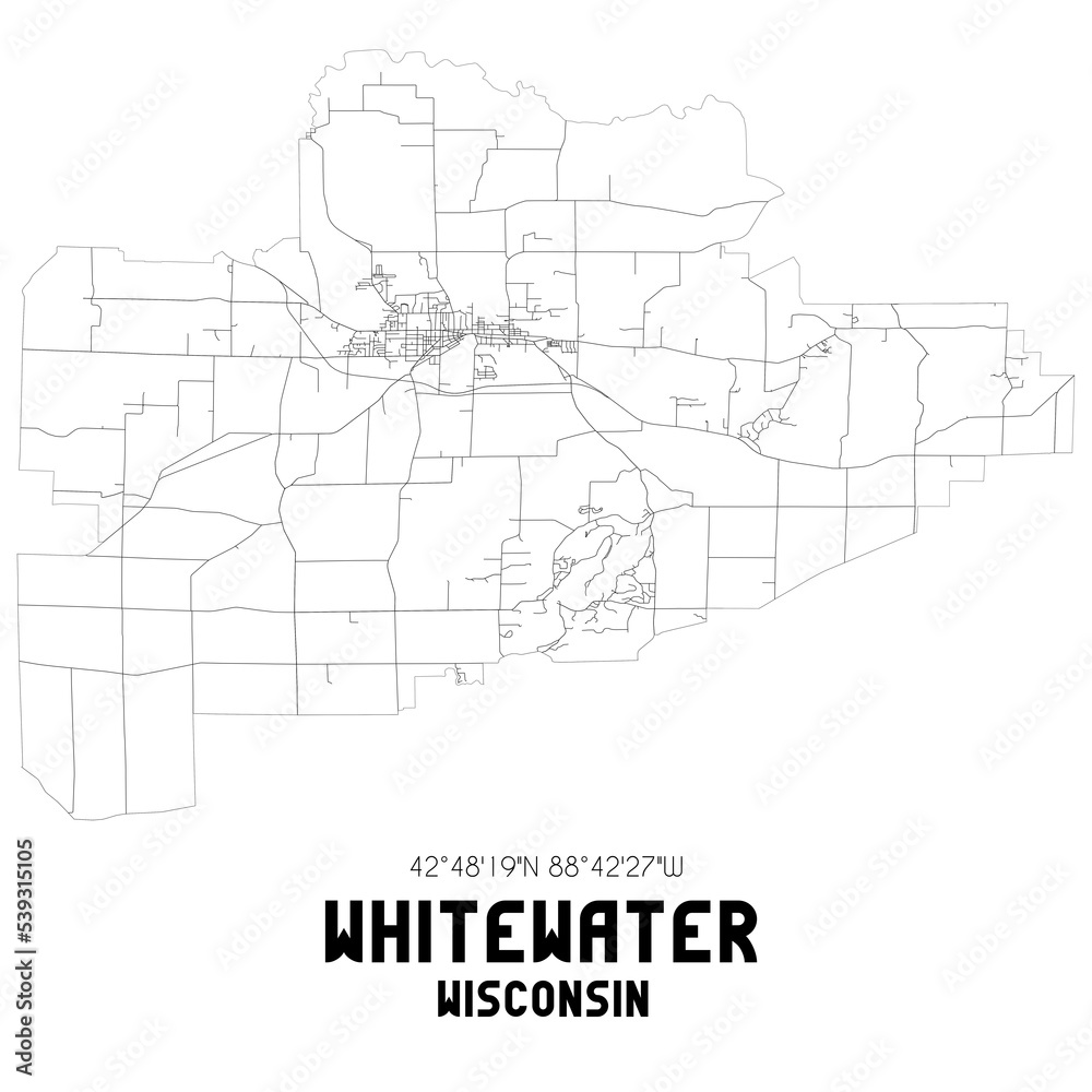 Whitewater Wisconsin. US street map with black and white lines.