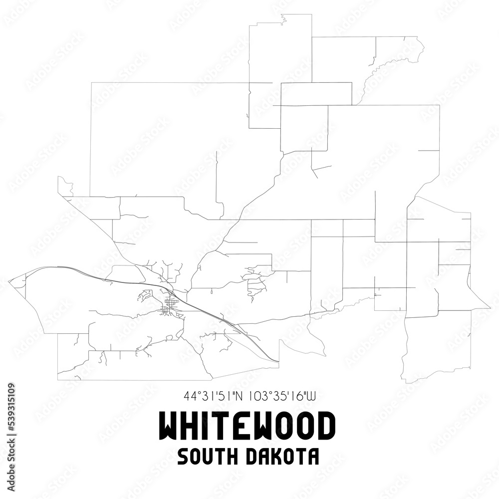 Whitewood South Dakota. US street map with black and white lines.