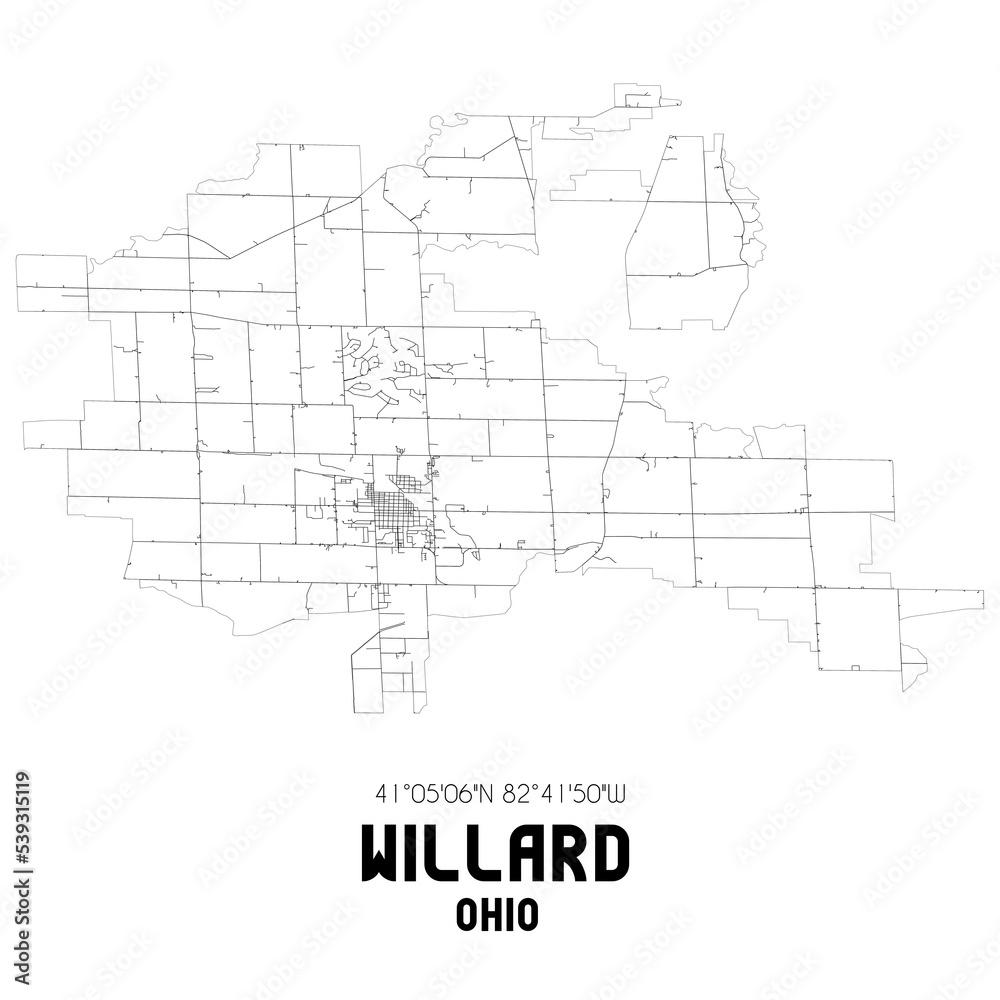 Willard Ohio. US street map with black and white lines.