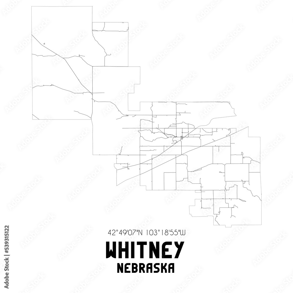 Whitney Nebraska. US street map with black and white lines.