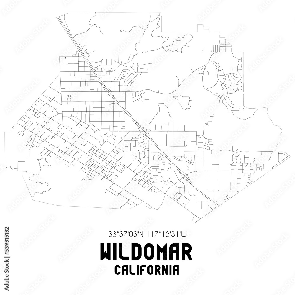 Wildomar California. US street map with black and white lines.