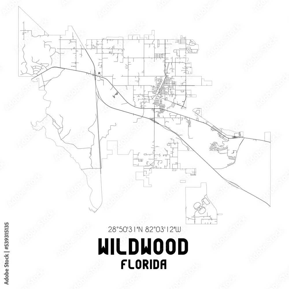 Wildwood Florida. US street map with black and white lines.