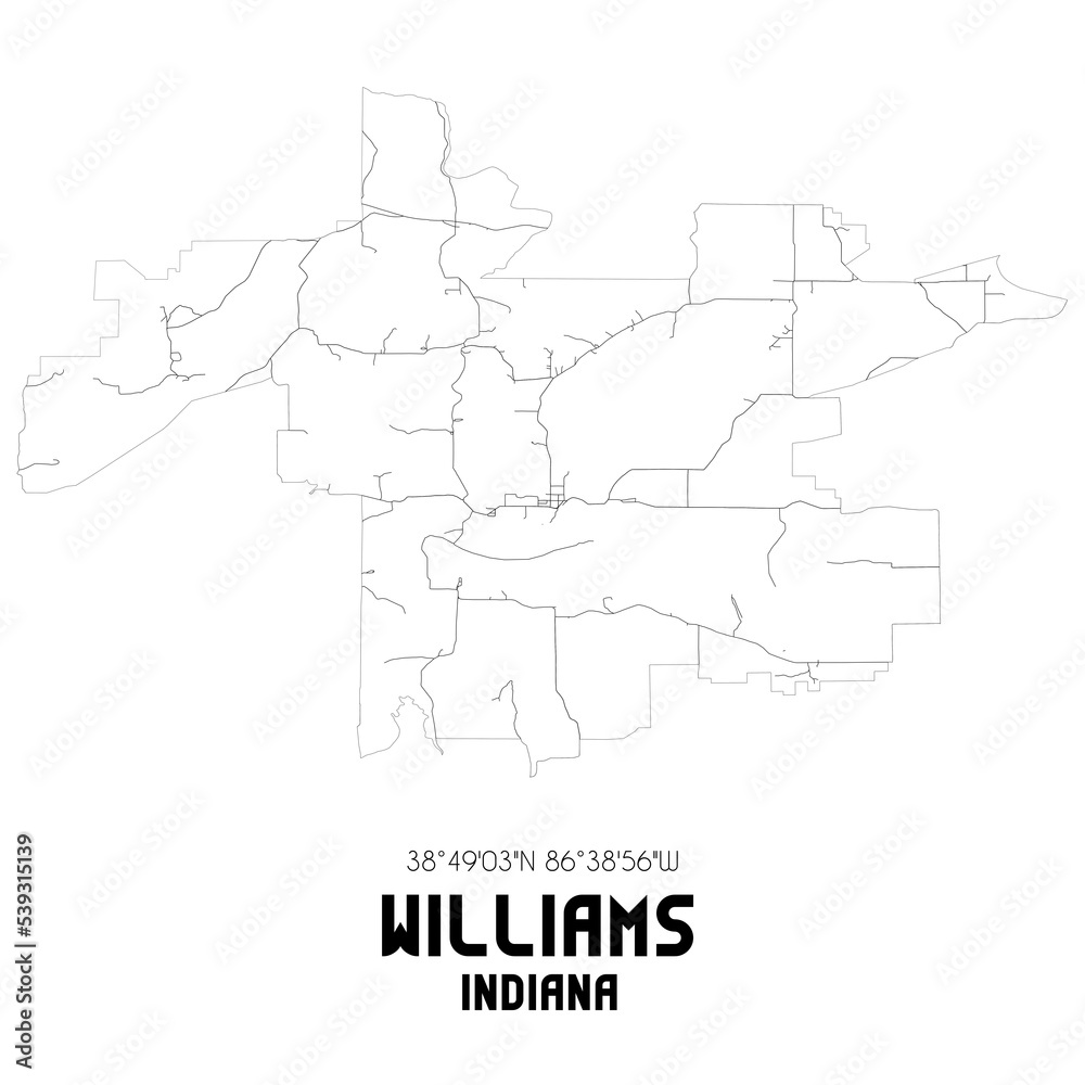 Williams Indiana. US street map with black and white lines.