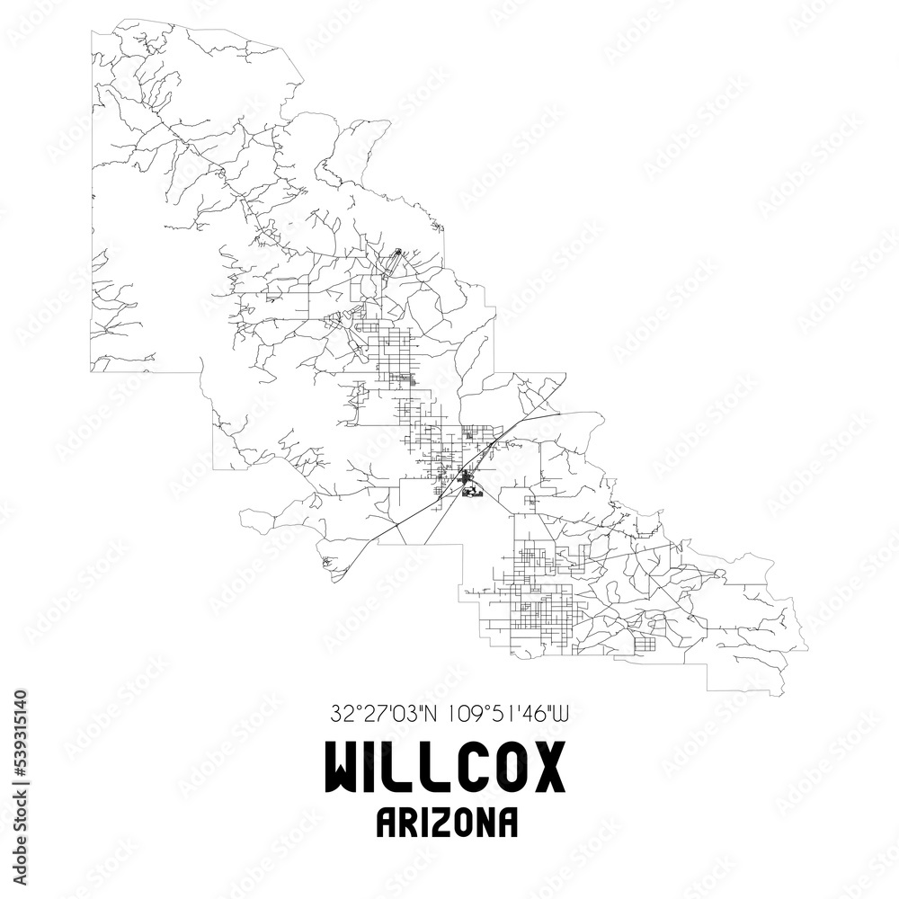 Willcox Arizona. US street map with black and white lines.