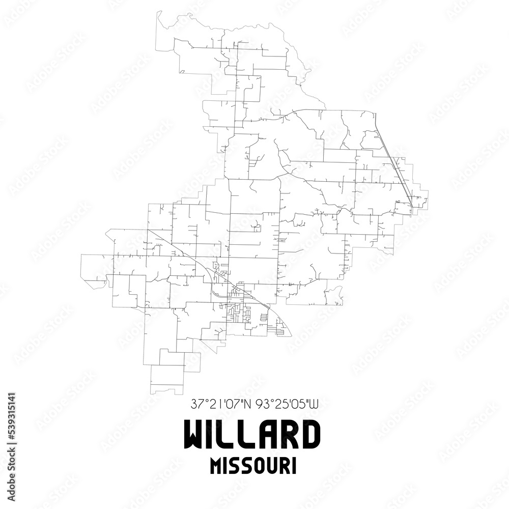 Willard Missouri. US street map with black and white lines.