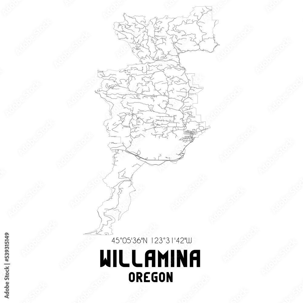 Willamina Oregon. US street map with black and white lines.